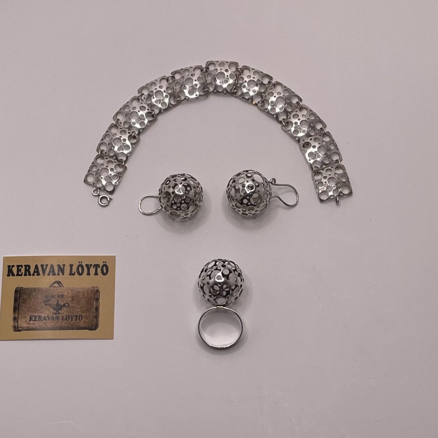 Liisa Vitali | Westerback | 1970s Leppäkerttu - big silver 925 earrings and ring | 1970s Pitsi - silver 925 bracelet - Image 2